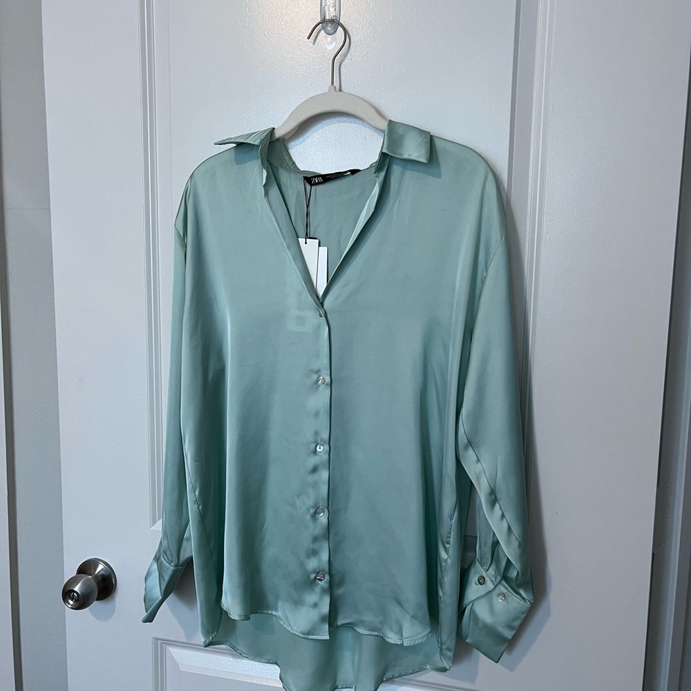 Zara mint green silky blouse